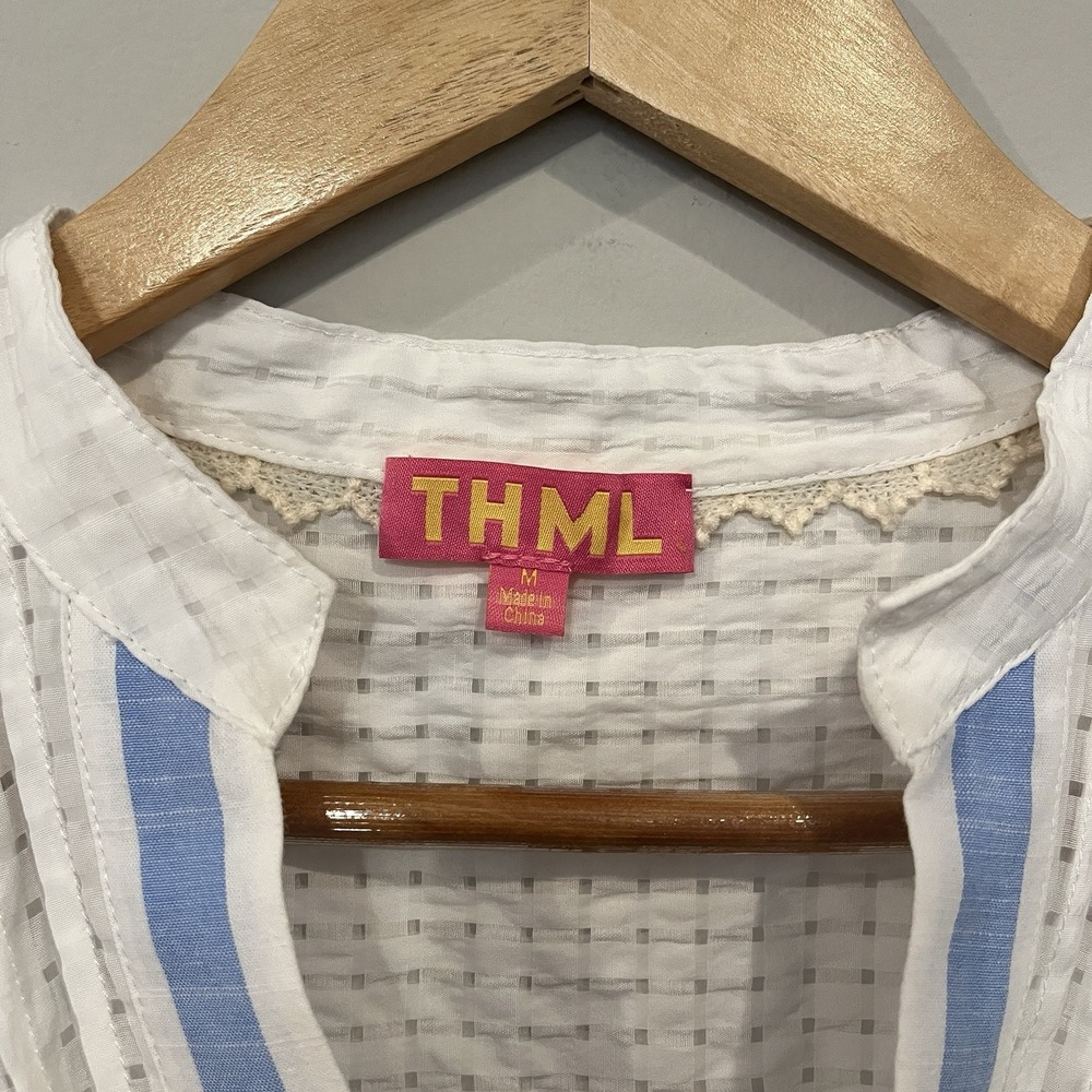 THML White Blue Check V-Neck Tunic Blouse Trim Short Sleeve Womens Size M - Picture 3 of 7
